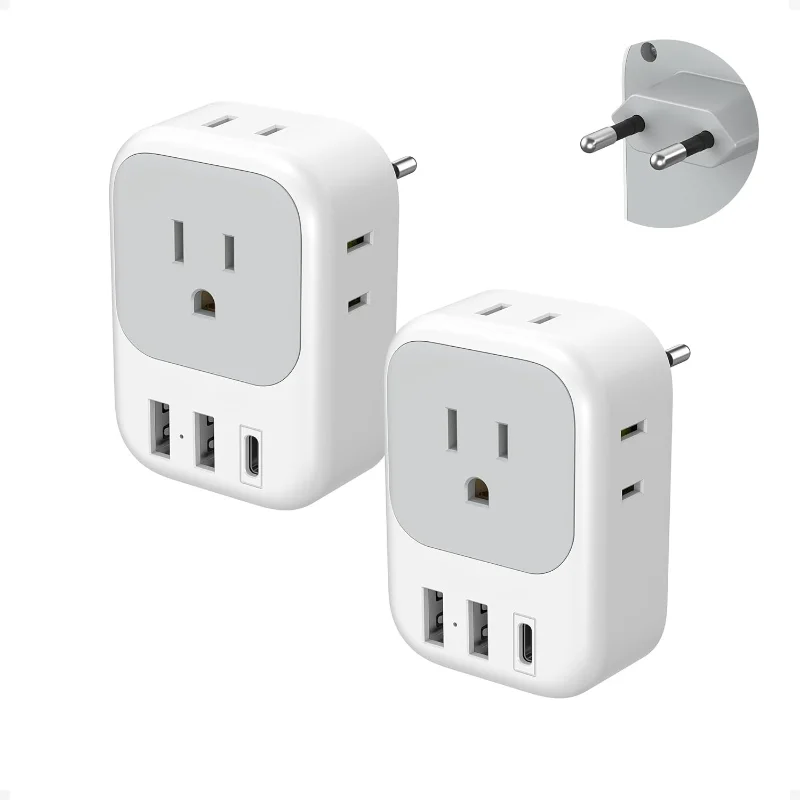 

2 Pack European Plug Adapter USB C, Europe Adapter 4 Outlets 3 USB Charger, Type C International Power Adaptor