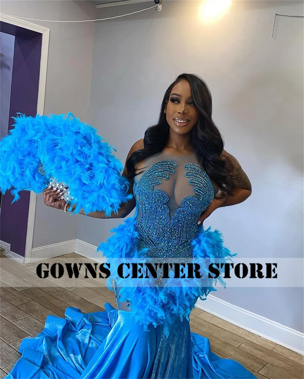 Legend Blue Velvet Feathers Mermaid Crystal Beading Prom Dresses Luxury Designer Party Black Girl Customized robe de bal Customized