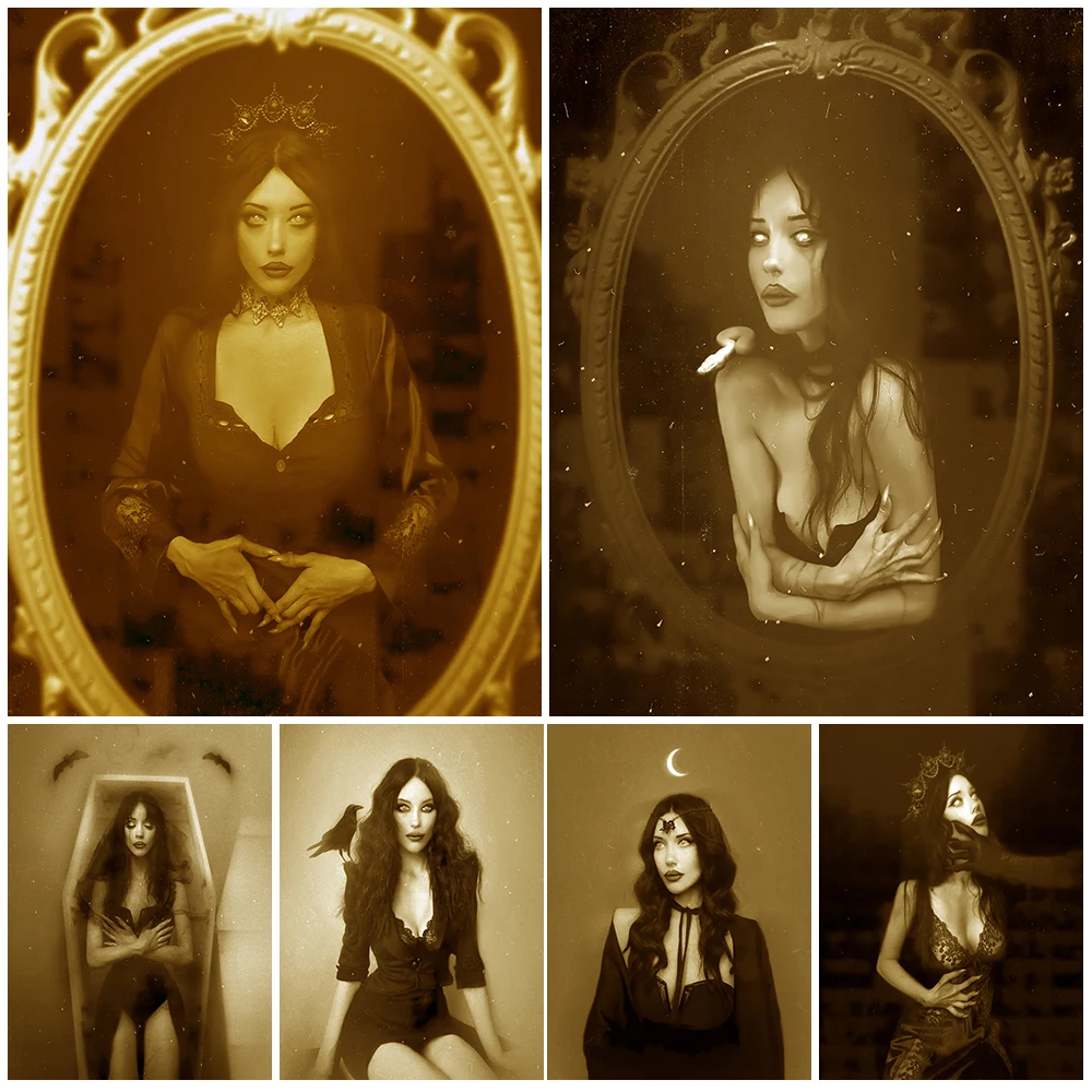 الساحرة في المرآة خمر الرسم على لوحات القماش الجدارية غامضة الساحرة الرجعية التصوير الفن للصور القديمة ملصق وطباعة ديكور #1