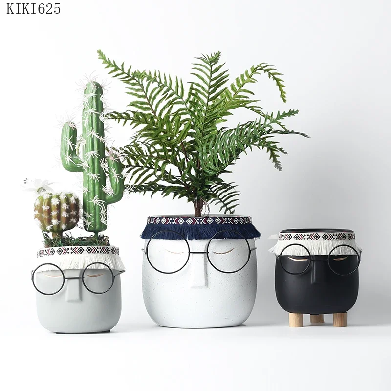 Creative Abstract Black Frame Glasses Head Ceramic Flower Pot Vase Succulents Cactus Potted Garden Decor Human Face Flower Pot