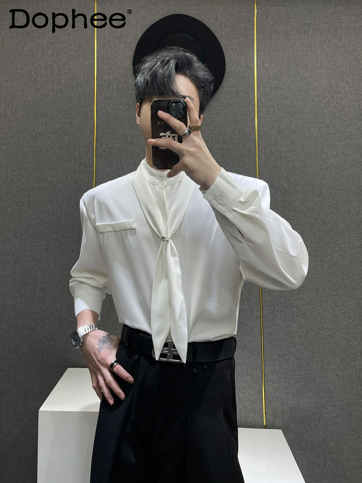 

French Elegant High-End Tie Long Sleeve Shirt Casual Versatile Loose Design Personality Fashion Trend Top for Men