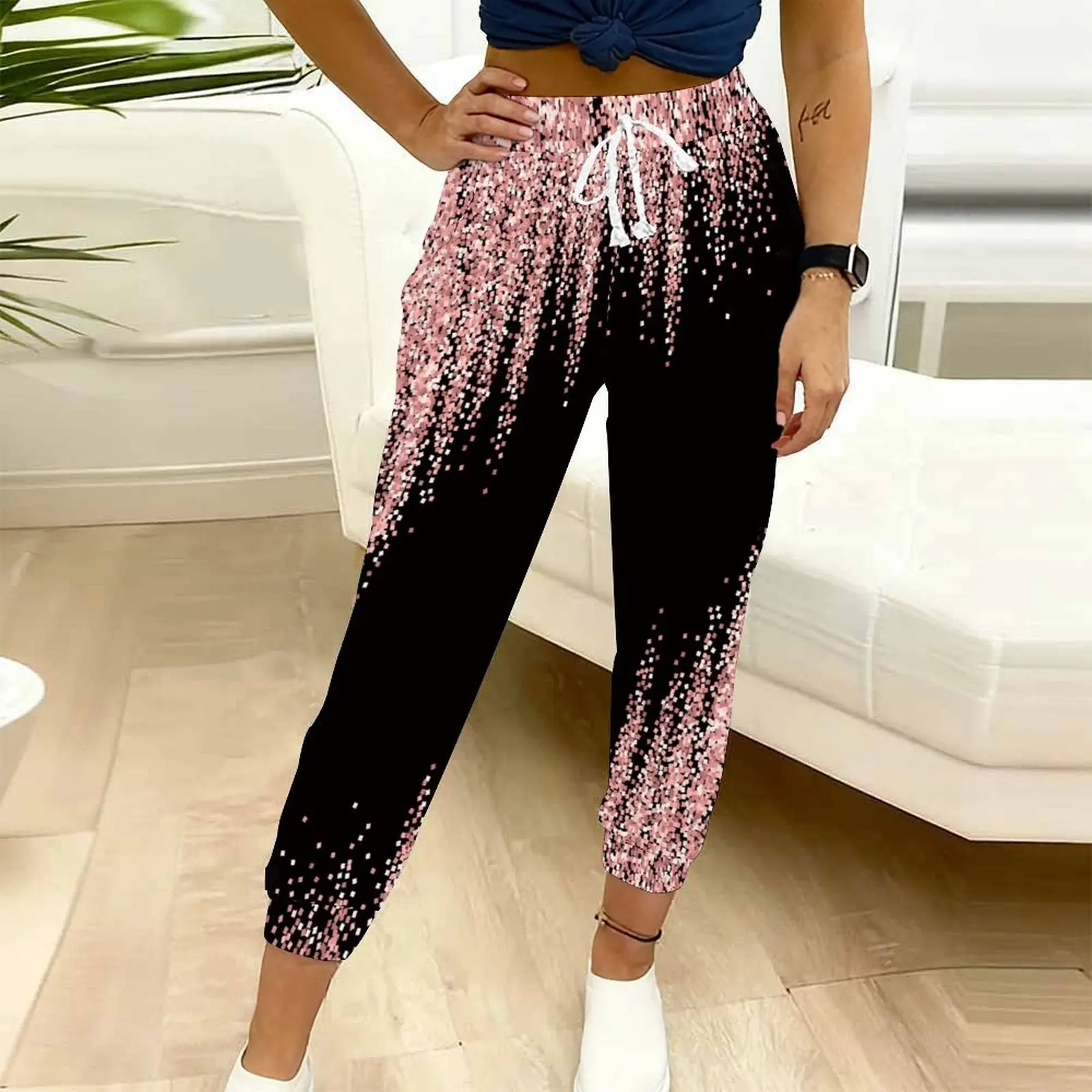 Winter Ladies Elegant Sport Pants Autumn Women'S Casual Geometric Circle Pattern Printed Drawstring Pocket Pants