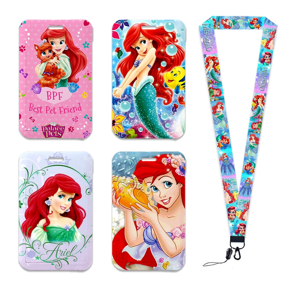 Disney Little Mermaid เด็ก ABS สไลด์ ID บัตรเครดิตผู้ถือบัตรรถบัส Charm ผู้ถือป้ายสายคล้องคอพวงกุญแจ