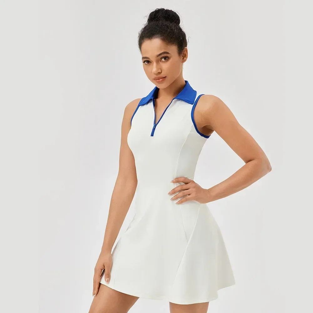 Plus Size S-XXL Polo Tennis Dress With Zipper&Shorts Clashing Color Golf Badminton Dress Casual Quick-Dry Stretchy Skirt Workout