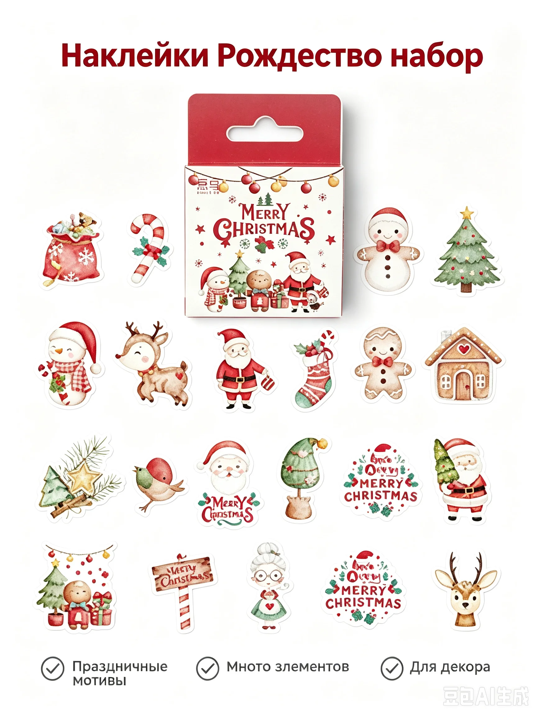 Boxed Merry Christmas Stickers, 46 Pcs DIY Journal Decorative Sealing Stickers for Holiday Gift Decoration Supplies