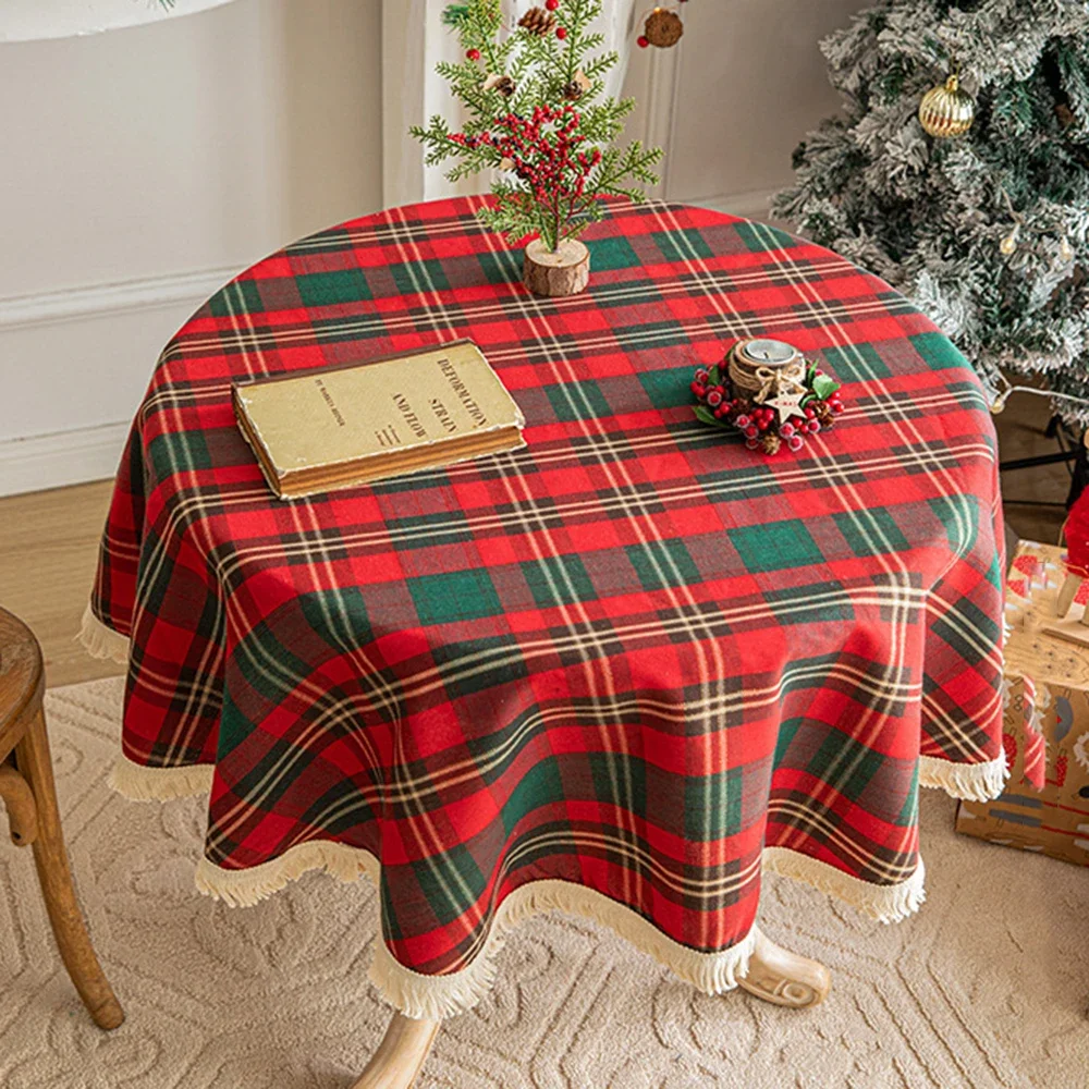 Vintage Christmas Tablecloth Red and Green Plaid Christmas Table Cloth New Year Decoration Home Dining Room Round Table Cloths