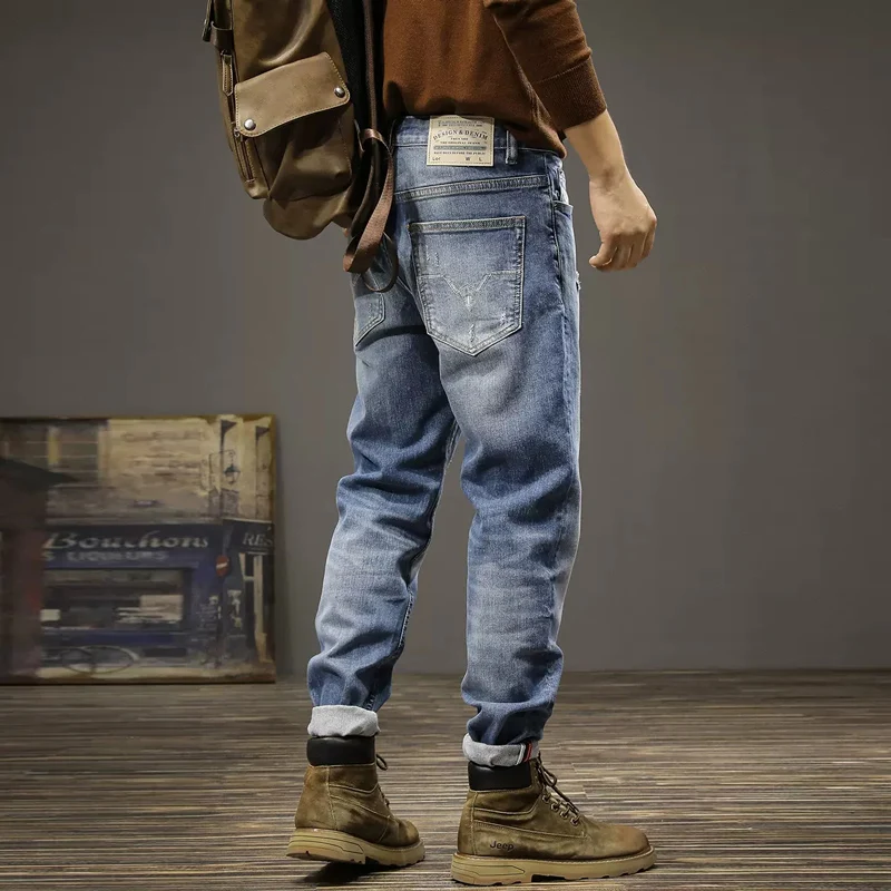 Italian Style Fashion Men Jeans Retro Blue High Quality Elastic Slim Fit Ripped Jeans Men Trousers Vintage Designer Pants Hombre