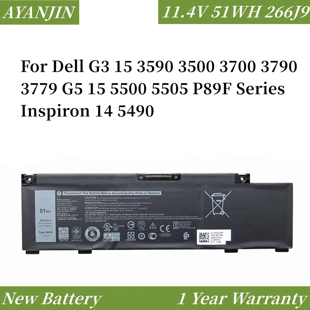 

11.4V 51Wh 266J9 Laptop Battery For Dell G3 15 3590 3500 3700 3790 3779 G5 15 5500 5505 P89F Series Inspiron 14 5490