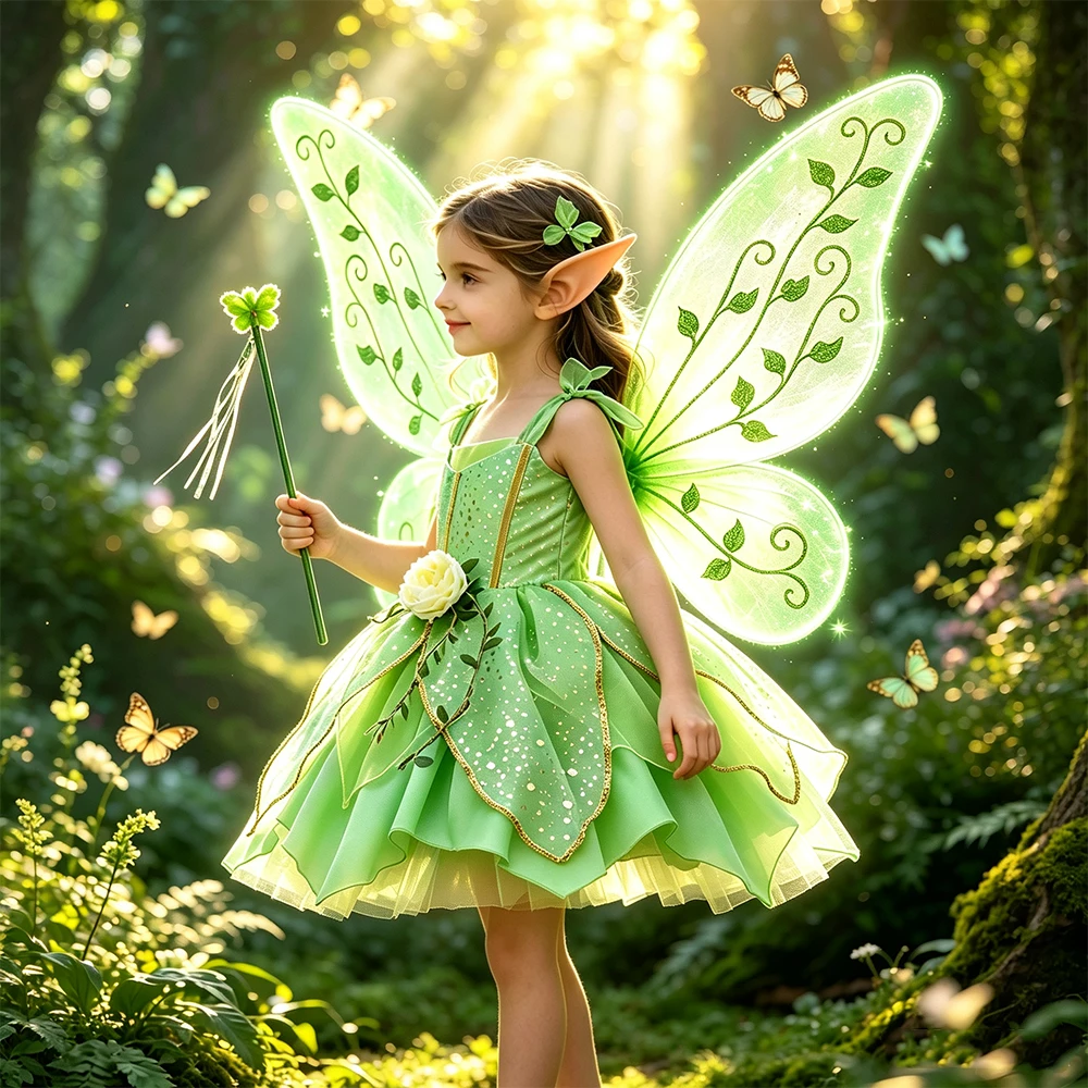 TinkerBell Feenkostüm für Mädchen Blumenkleid Geburtstagsparty Karneval Weihnachtsoutfit Kleinkinder Kinder Festliches Kleid 3 4 5 6 7 8 – Detail 2