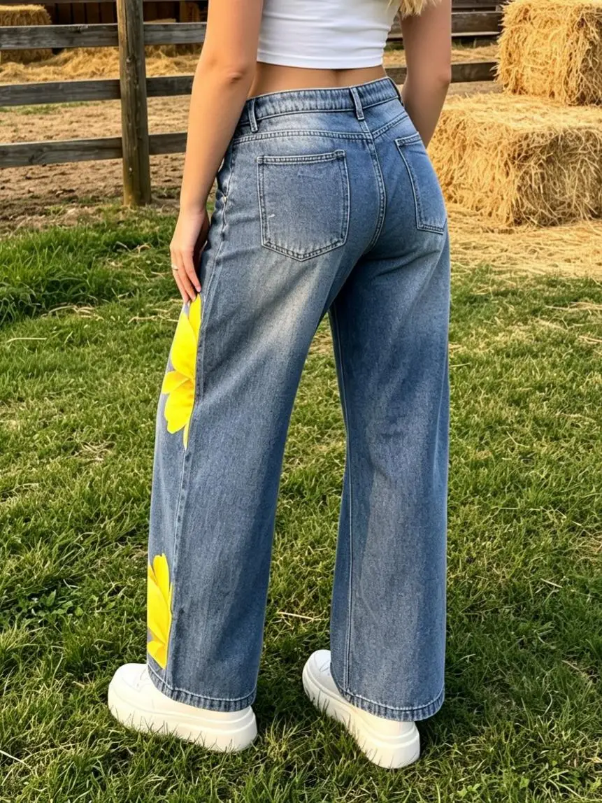 【HME】Jeans | Light‑Wash Printed Denim Pants For Women, Mid‑High Waist Wide‑Leg Straight Denim Jeans, Artistic Large Yellow Flower Print On Leg, Sturdy Denim Hold Silhouette, Practical 5‑Pocket Durable Structure, Relaxed Fit Hide Imperfections
