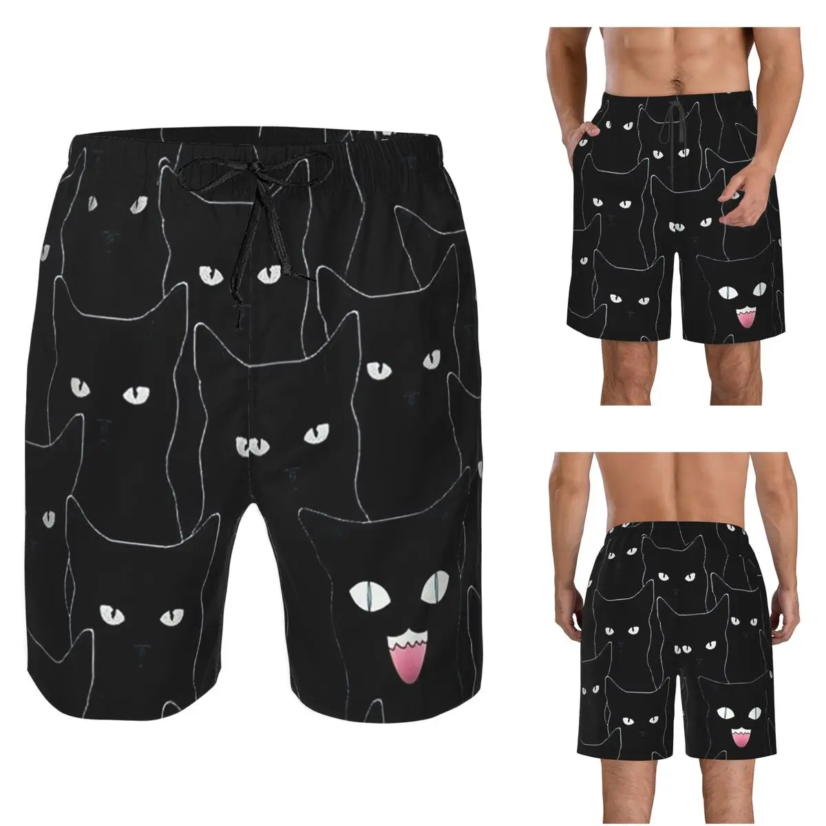 Colorful Cat Silhouettes Cartoon Black Cats Trunks Beach Board Shorts Casual Quick Dry Swim Summer Men Pants