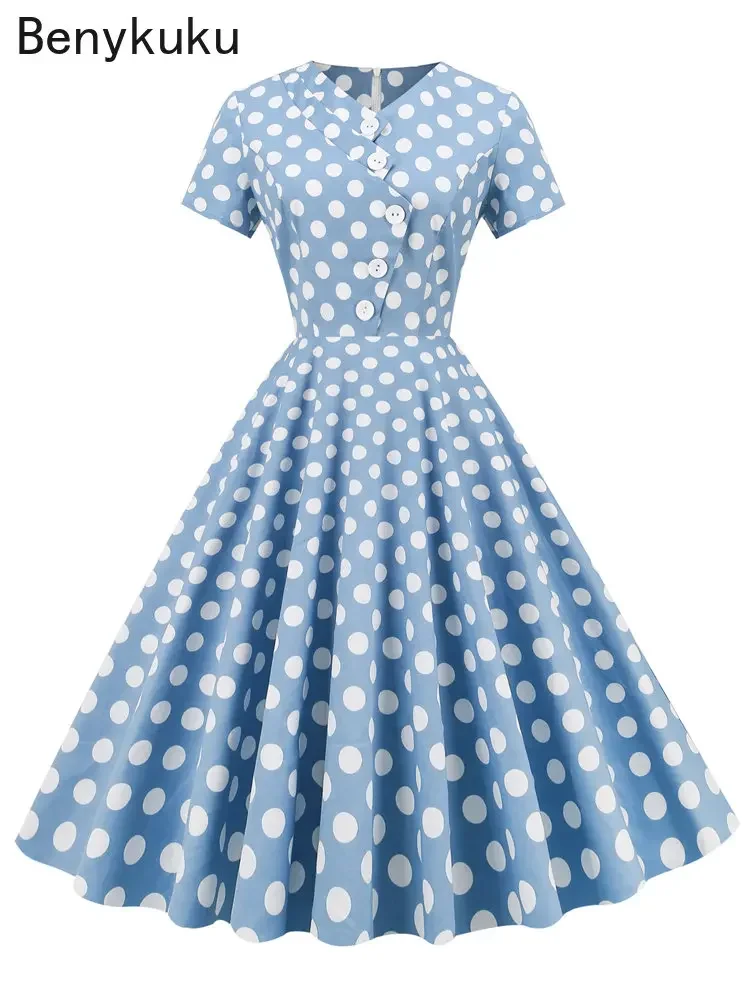 Polka Dot Cotton Vintage Midi Dress Ladies Hepburn style Retro Clothing V-Neck Button Front Short Sleeve Summer Robe for Women