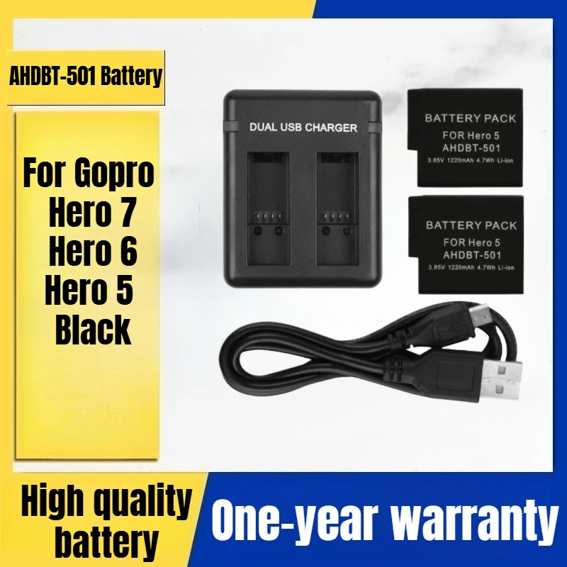 

AHDBT-501 Action Camera Battery, Charger for Gopro Hero/7/6/5 Black Action Camera, Large Capacity Lithium Battery 3.85V 1250mAh