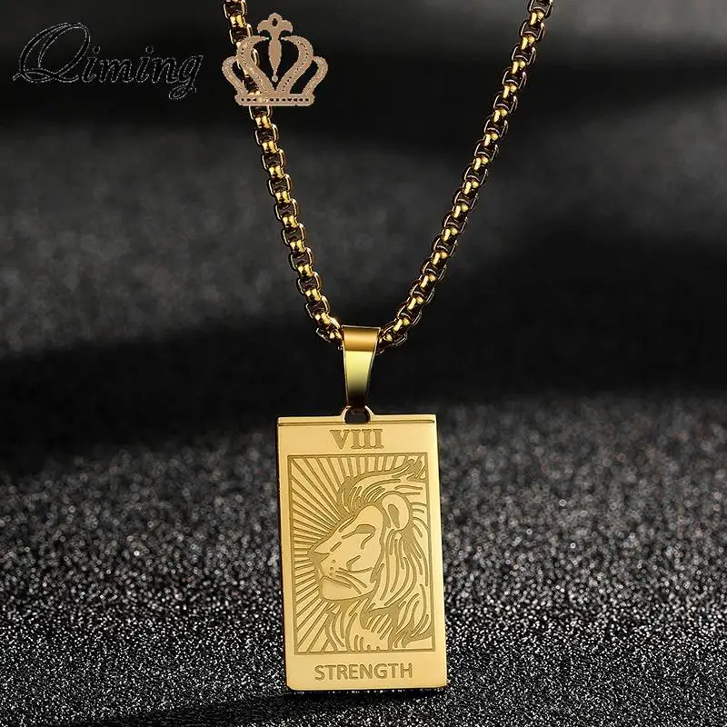 QIMING Lion Strength Tarot Necklace Amulet Major Arcana Men Women Necklace Stainless Steel Tarot Card Jewelry