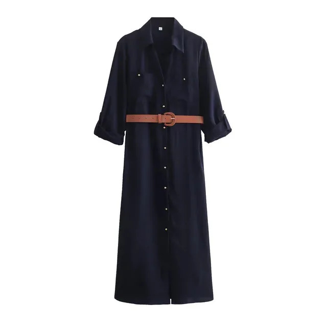 

BabYoung Women Summer Elegant Solid Color Chic Lapel Pockets Buttons Gentle With Belt Vintage Shirt Style Long Sleeves Dress