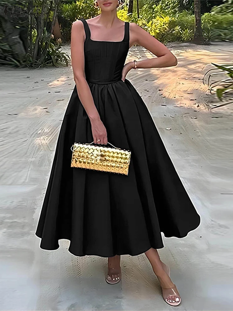 2025 ZANZEA Women Satin Sundress Vintage Square Neck Sleeveless Midi Dress Party Retro Chic Tank Vestidos Bohemian Swing Robe