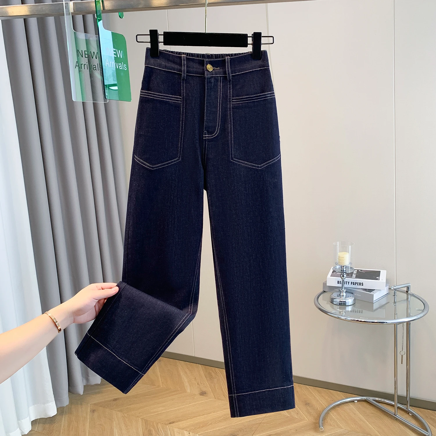 

Женские джинсы больших размеров, модные повседневные, с высокой талией, прямые, утягивающие, весна 2025, корейский стиль, деним