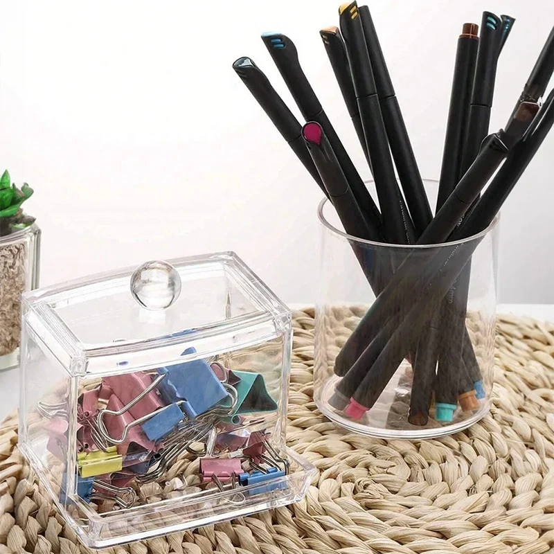 透明なプラスチック製の綿棒ディスペンサーとバスルーム用のqtipホルダー、バスソルト、ラウンド、アクリル、木材用の収納キャニスター