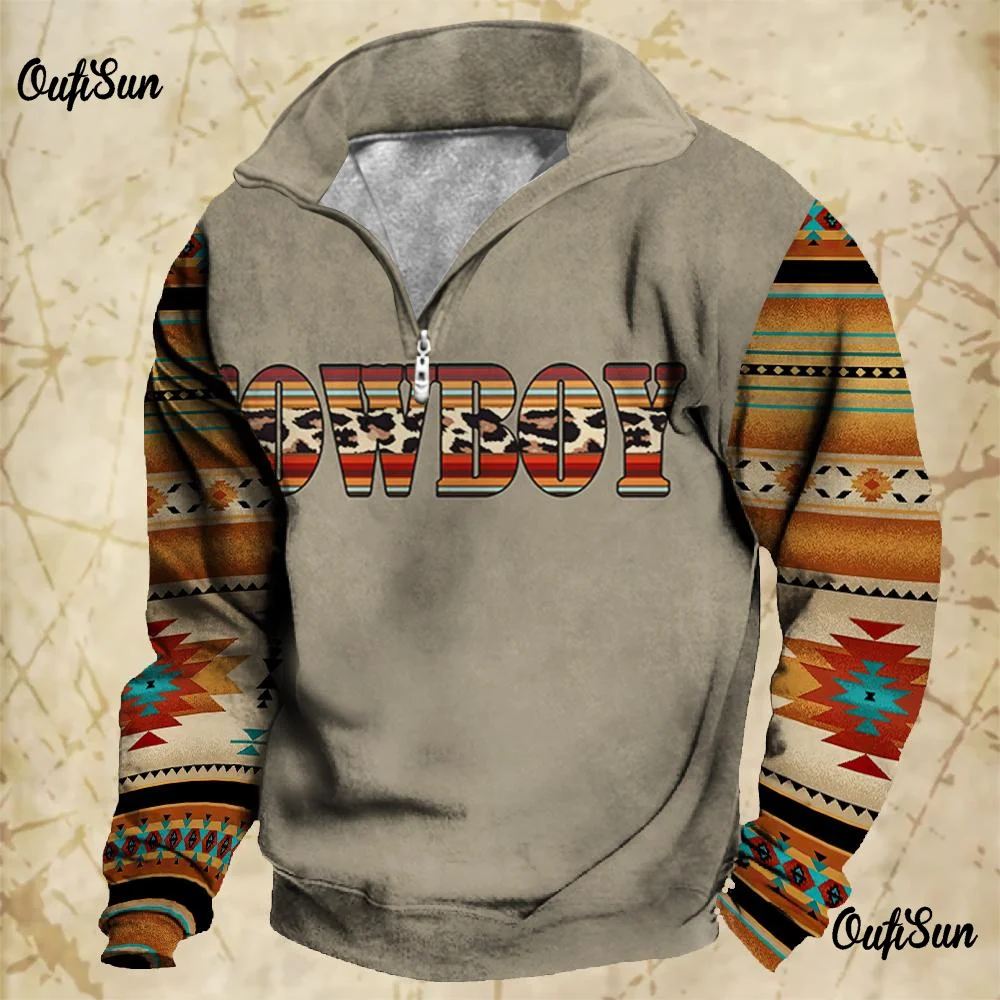 New Vintage Zip Sweatshirt Cowboy Hoodies Sweater For Men\'s 3d Print Autumn Long Sleeve Loose Tops Clothes For Men Clothing