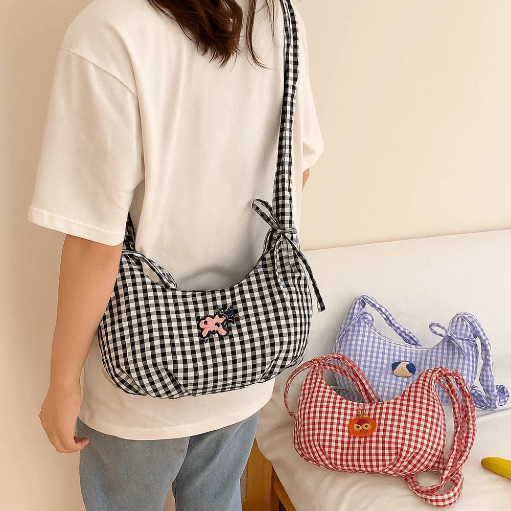 

Korean Style Plaid Dumpling Bag Fresh Color Sweet Bowknot Tote Bag Pastoral Style Underarm Bag Pleated Shoulder Bag Travel
