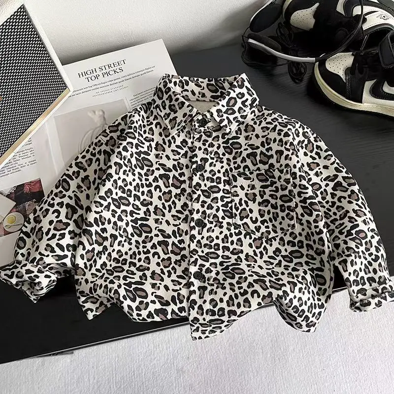 

New Boys' Leopard Print Long Sleeved Shirt For Autumn And Winter 2025 New Handsome And Stylish Shirt 80-120CM