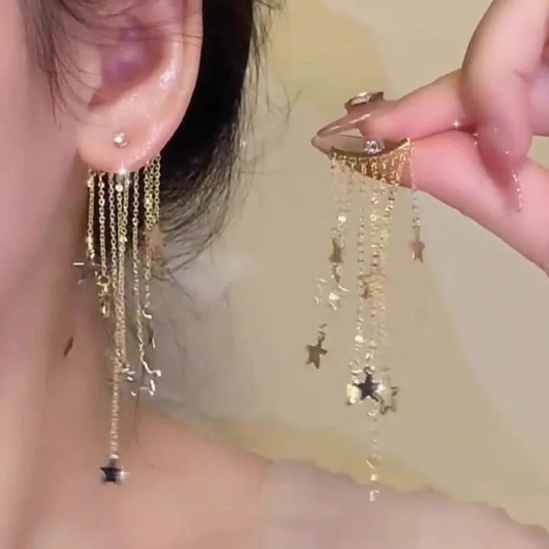 

2 Pcs Fashion Sparkling Star Y2K Sweet Elegant Gold Colour Tassel Dangle Earrings Women Casual Party Daily Gifts Charm Jewelry