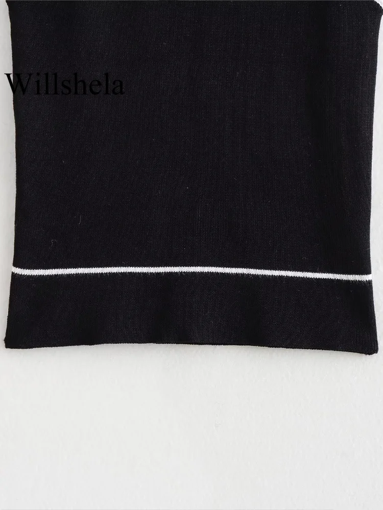 Willshela Women Fashion Black Knitted Sweater Vest Vintage O-Neck Sleeveless Female Chic Lady Tank Tops