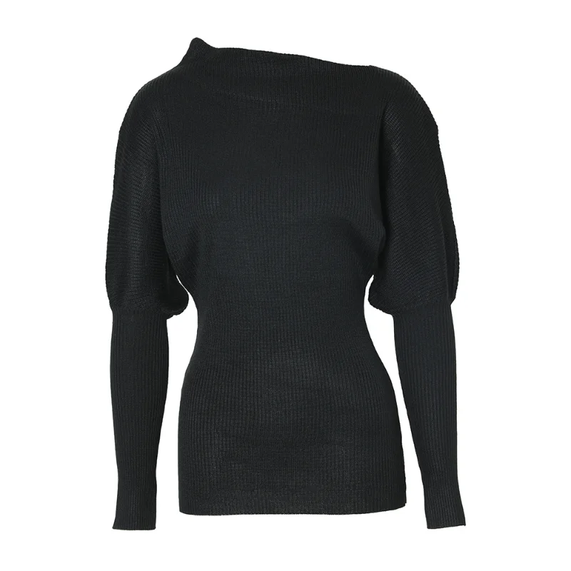 Suéteres de cuello oblicuo para mujer, Top de punto de diseño Irregular negro, otoño e invierno, nuevo estilo