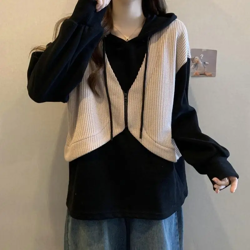 Fashion Zipper Spliced Fake Two Pieces Hoodies Sweatshirts Female Clothing 2024 Spring New Loose Casual Tops Korean Sweatshirts