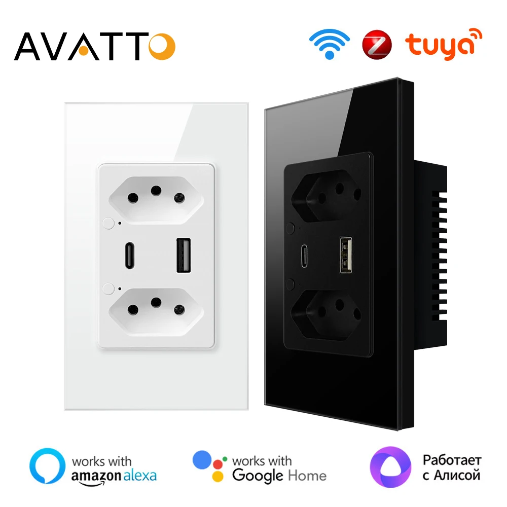 AVATTO Tuya WiFi/ZigBee 브라질 스마트 벽면 콘센트 USB/타입 C 포트 전원 콘센트 고속 충전기 구글 홈 알렉사와 호환