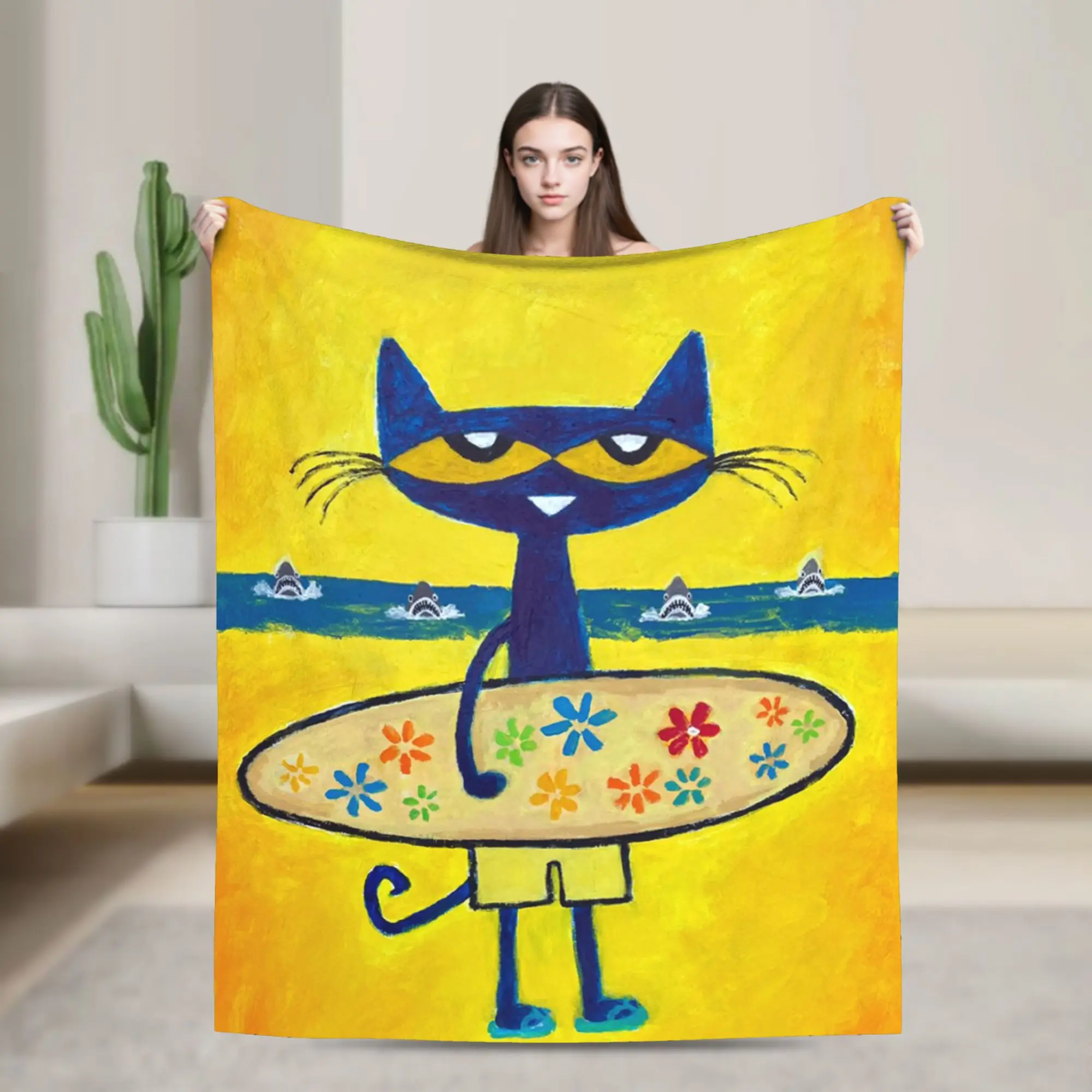 Groovy Cat Pete the Cat  Blankets  Flannel Funny Warm Throw Blankets for Chair Covering Sofa All Season,