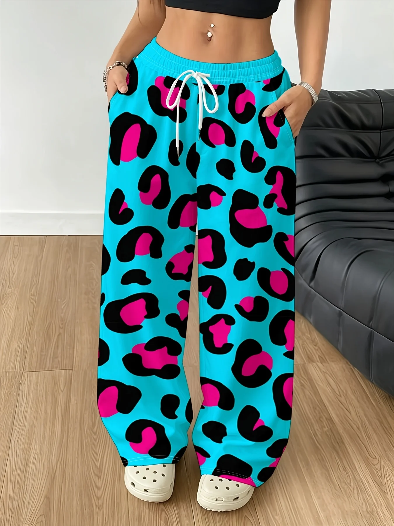 Women Quick Dry 3D Vibrant Leopard Graphic Print Trousers, Color Block Animal Print Elastic Waist Drawstring Wide Leg Pants