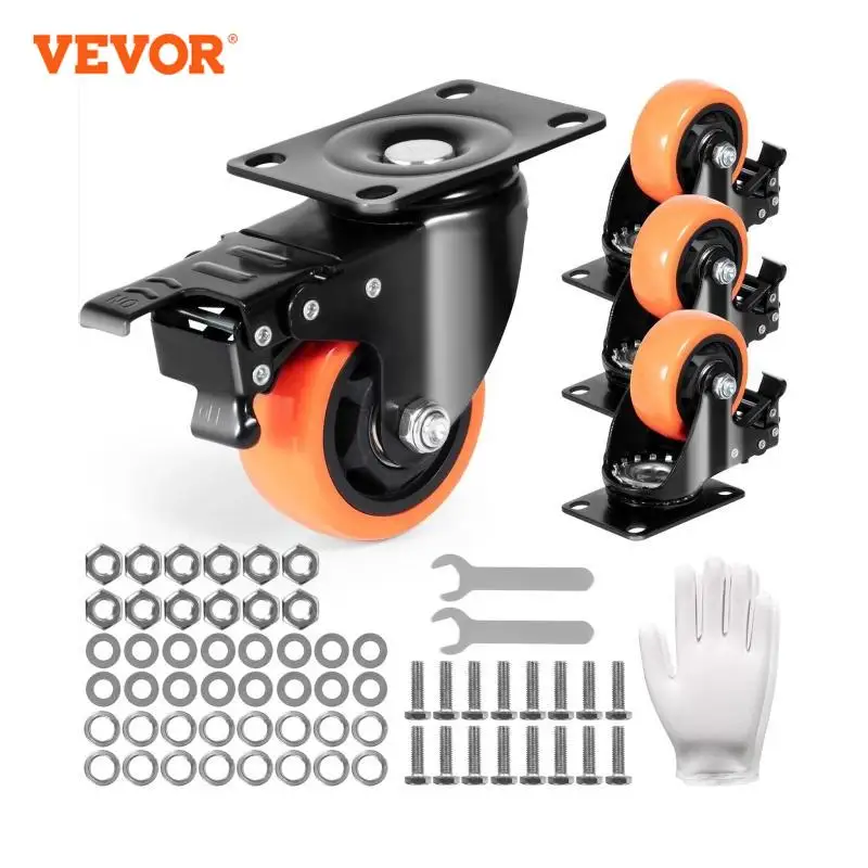 VEVOR 2/3/4/5/6in 4pcs Caster Wheels Swivel Plate Casters with A/B Locking No Noise PVC Wheels for Cart Furniture Workbench