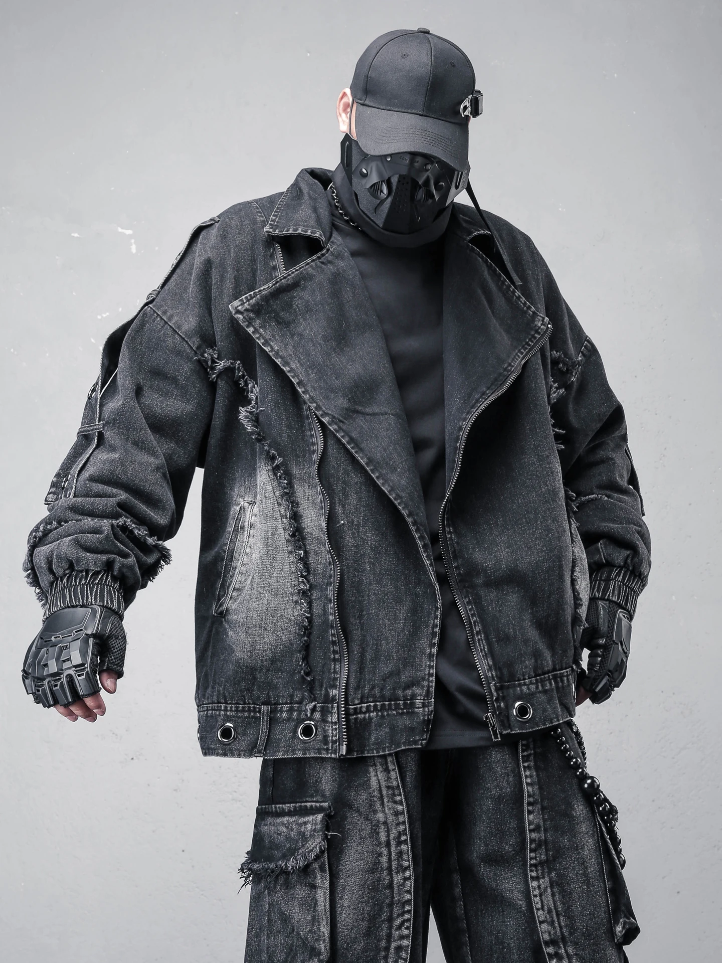 

Fashion Waste Soil Style Retro Biker's Rock Distressed Oblique Zipper Edging Winter Denim Jacket Fleece Padded