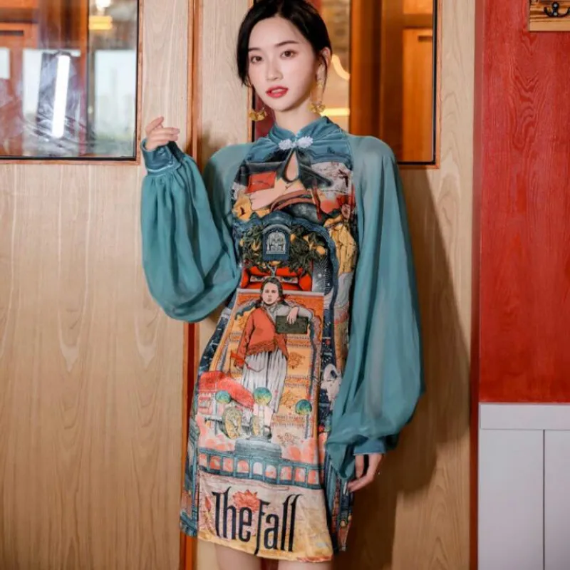 Vintage Flowers Printed Chiffon Stitching Cheongsam Stand Collar Long Lantern Sleeves Retro Dress Buckle Tops Buckle Vestidos