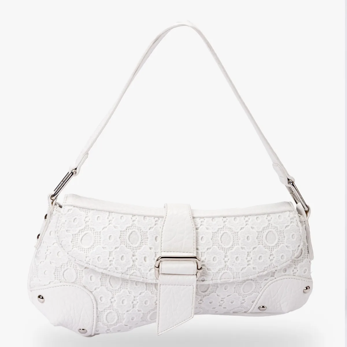 Bolsa assimétrica de renda floral de ombro único para senhora com tachas atraentes – Uma bolsa estilo rua com alça nas axilas