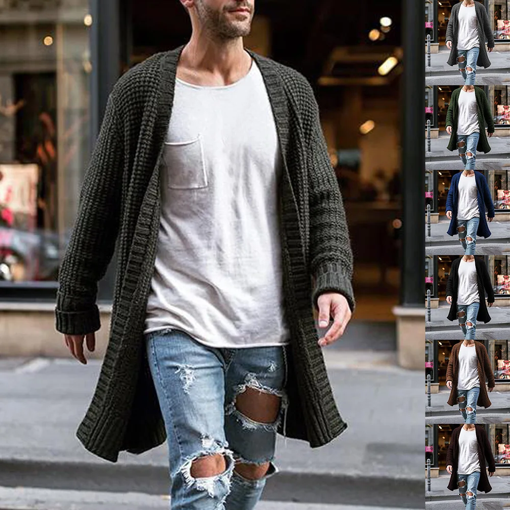 Men Knit Cardigans Sweater Coats Fashion Trench Solid Color Open Front  Long Sweaters Coat Male Clothes