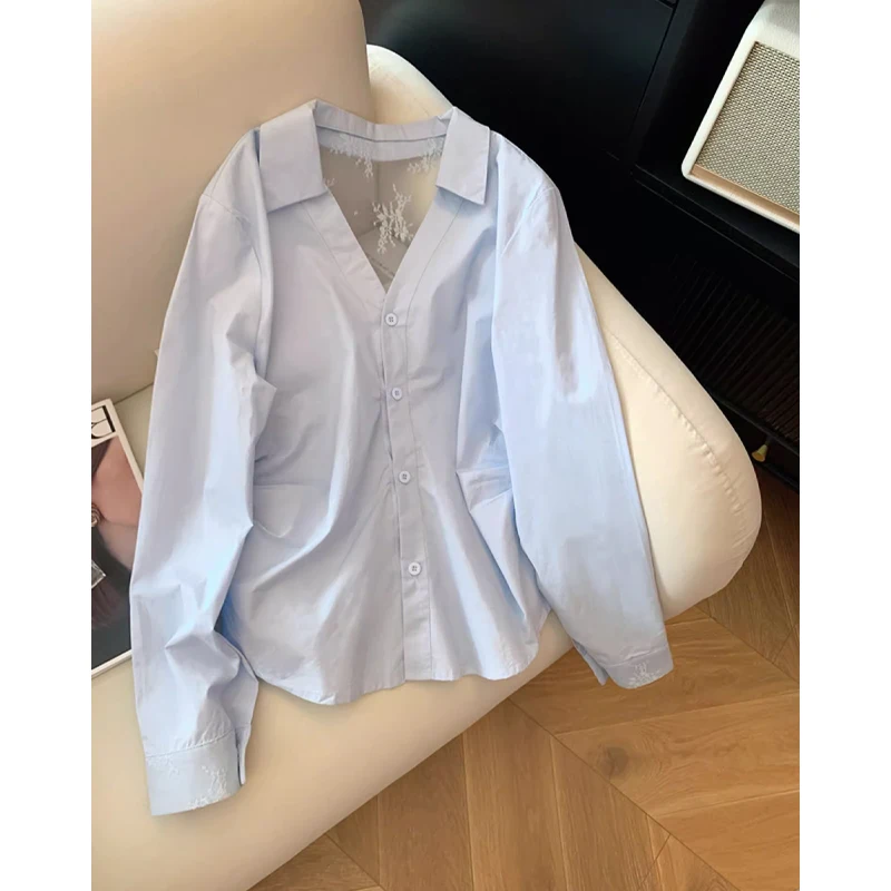 

Blue Lace Splice Bal irt Spring Summer Women's Faion Slim Fit Long Sve V Ne Polyester Fiber Pure Color irt