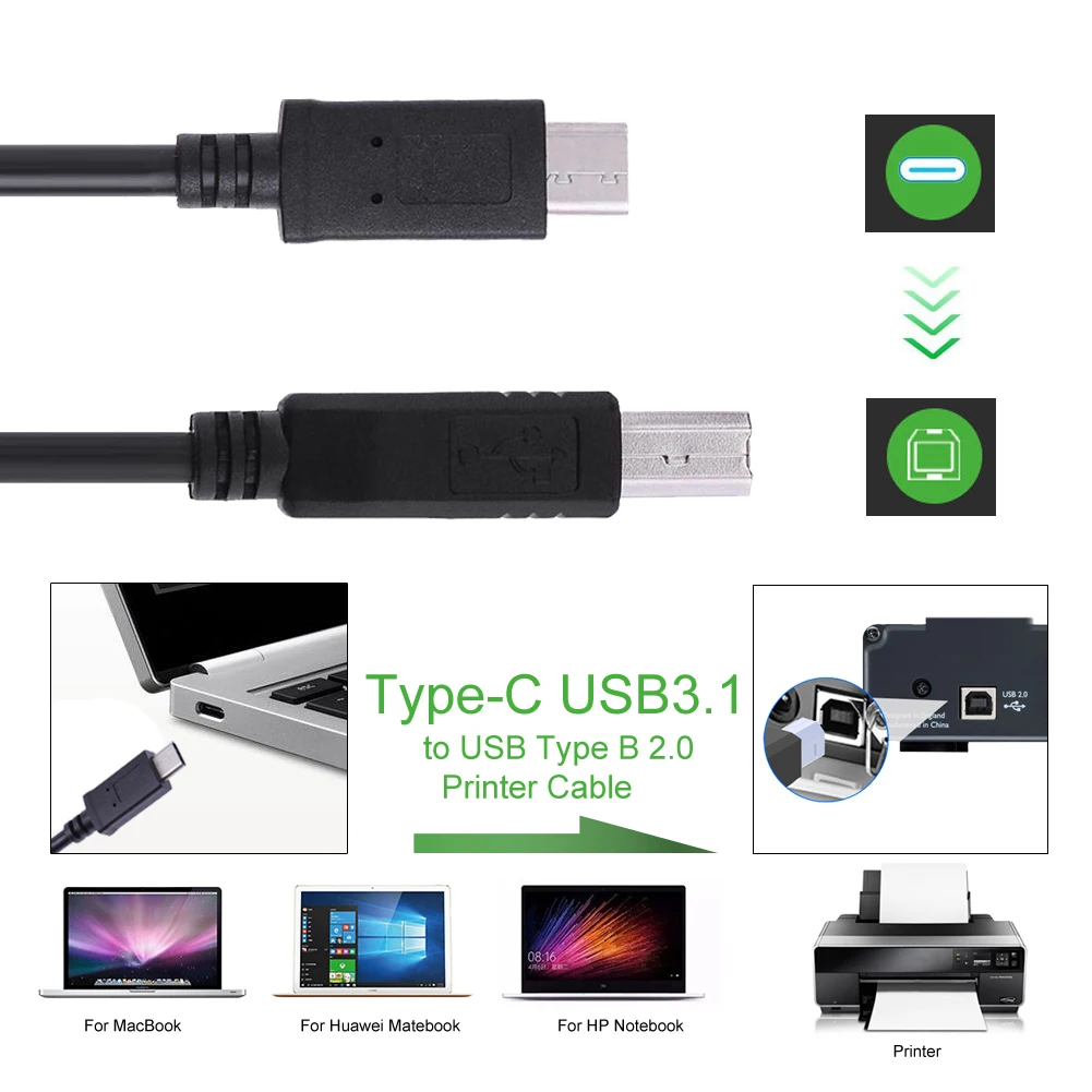 USB-C الى يو اس بي 2.0 بي كابل بيانات ، متوافق مع ماك بوك ، لابتوب كونيكت ، اتش بي ، ابسون ، طابعة كانون ، ماسح ضوئي ، لوحة مفاتيح ميدي ، دي جي ، USB-C