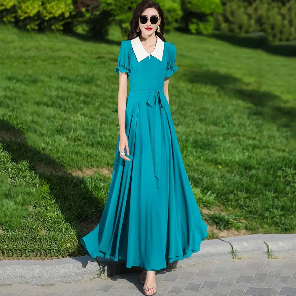 

New Women Summer Chiffon Dress Fashion Patchwork Turn-down Collar Short Sleeve Overlength Dress Elegant Flowing Slim Long Dress