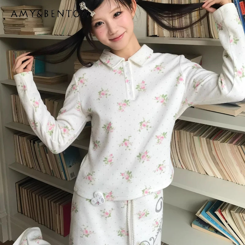 

Original Design Smudged Flower White Polka Dot Women's pantst Set 2026 New Polo Top Sweet Short Skirts Pants 2-piece Sets Ladies