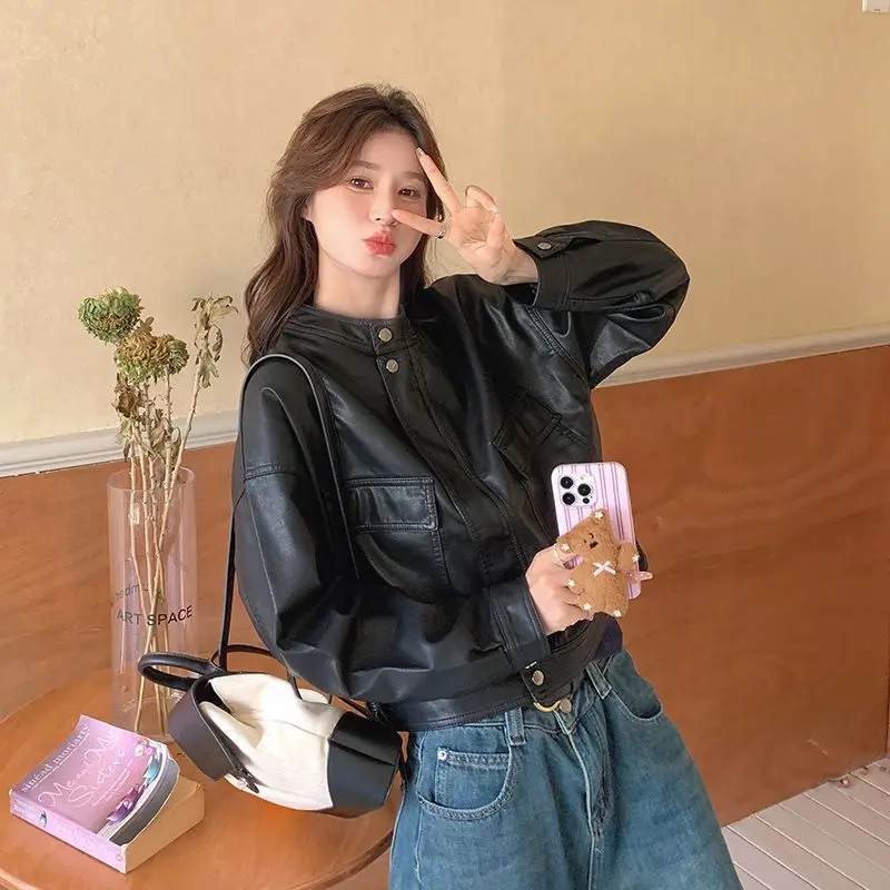 High End Hong Kong Style Leather Jacket Women\'s Short Style New Design Loose Motorcycle Leather Jacket Stylish