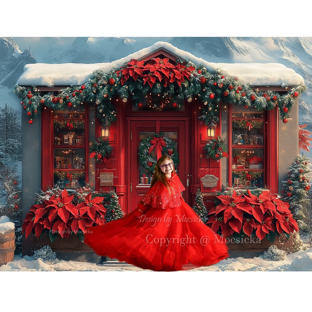ฉากหลังร้านดอกไม้คริสต์มาสภาพพื้นหลังสีแดงดอกไม้บานเต็มไปด้วยหิมะภูเขาคริสมาสต์พวงหรีดวันเกิดเด็กผู้หญิงภาพฤดูหนาว