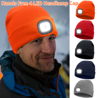 USB Rechargeable Hands Free 4 LED Headlamp Cap Winter Knitted Night Lighted Hat Flashlight Women Men Gifts for Dad Him Husband