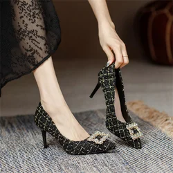 Crystal Women Pointed Toe Thin Heel Checkered Heels Casual Sexy Light Weight Banquet Shoes French fairy Sexy High Heel For Women