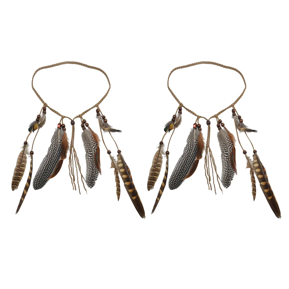 

2Pcs Women Headband Boho Plume Hairband Handmade Braided Rope Style Festival Wedding Costume Accessory Native Headdress