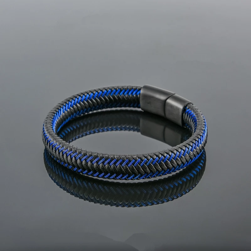 MKENDN Trendy Men Blue Braided Leather Rope Bracelet Black Magnetic Buckle Bracelets Punk Rock Men Wristband Pulsera Hombre