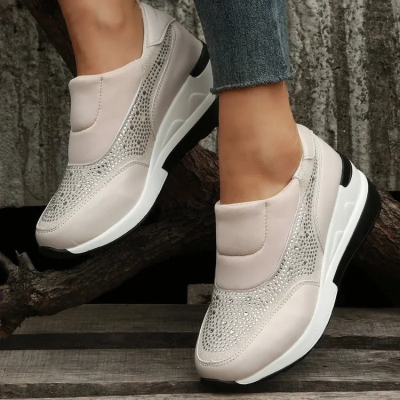 Shining Crystal Flats Shoes for Women Autumn Slip on Platform Sneakers Woman Breathable Sports Shoes Walking Shoes Plus Size 43