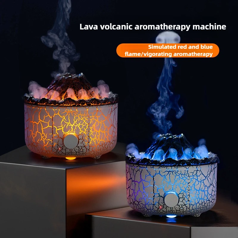 Lavalampe, Aromadiffusor und Luftbefeuchter, Quallennebel mit realistischen Rauchringen und Flammeneffekt, knopfgesteuertes Nebel-Desktop-Dekor