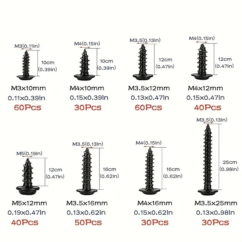 340Pcs Black Cross Round Head Self-Tapping Screw Set Boxed Carbon Steel Self Drilling Fastener Screws for DIY Hardware Repair